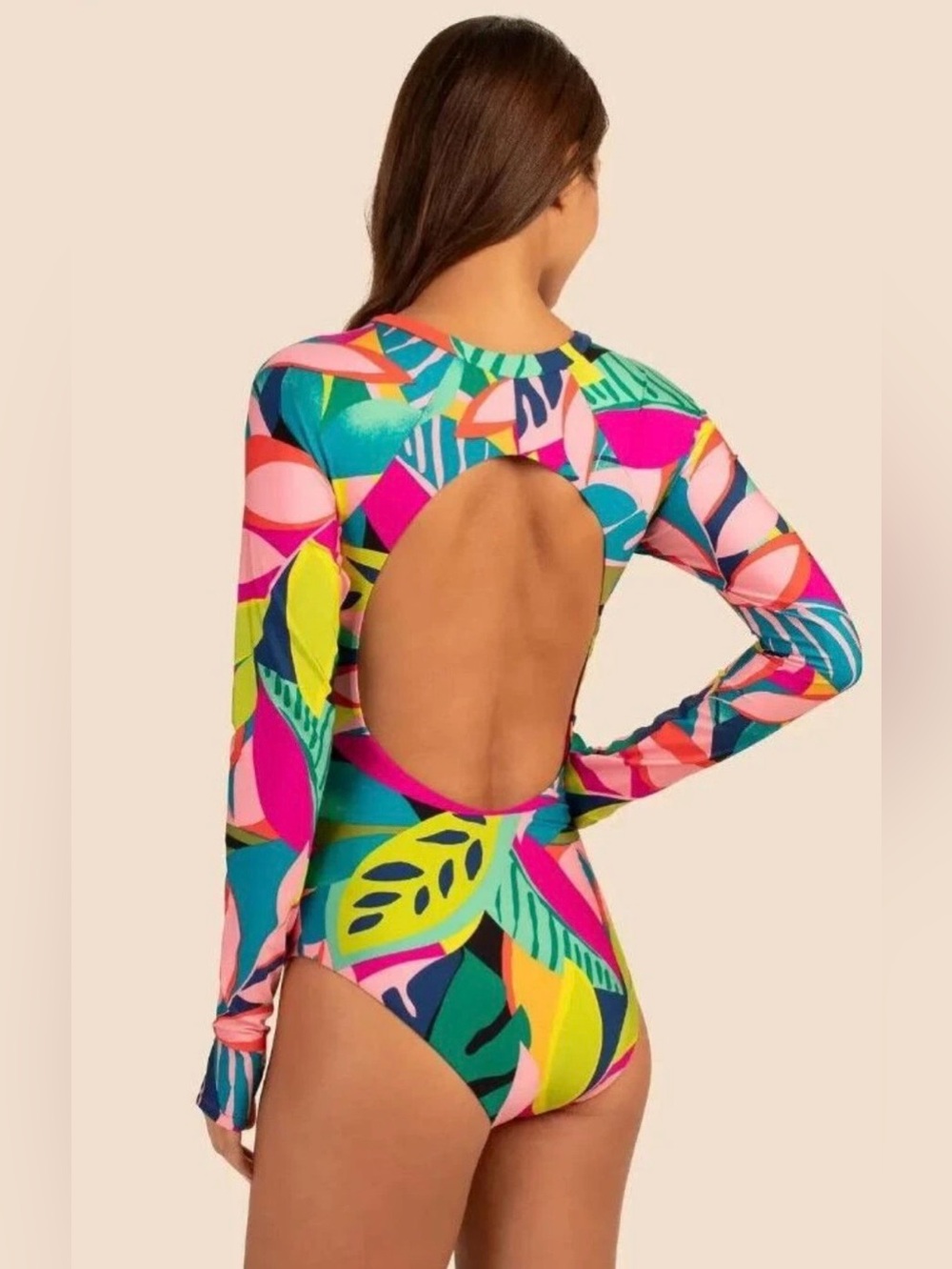 Trina Turk Rainforest  Open Back One Piece Swimsuit Rash Guard Size L